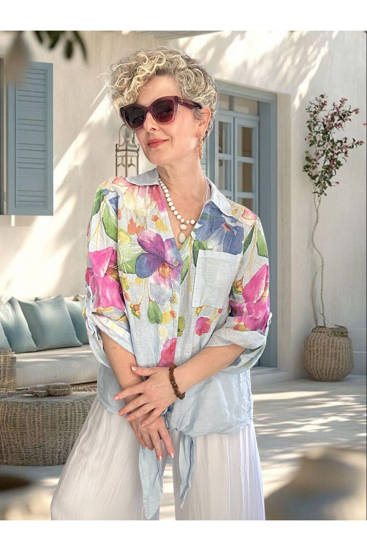 Flora İtalyan Floral Desenli Bağlamalı Linen Gömlek Bebe Mavi