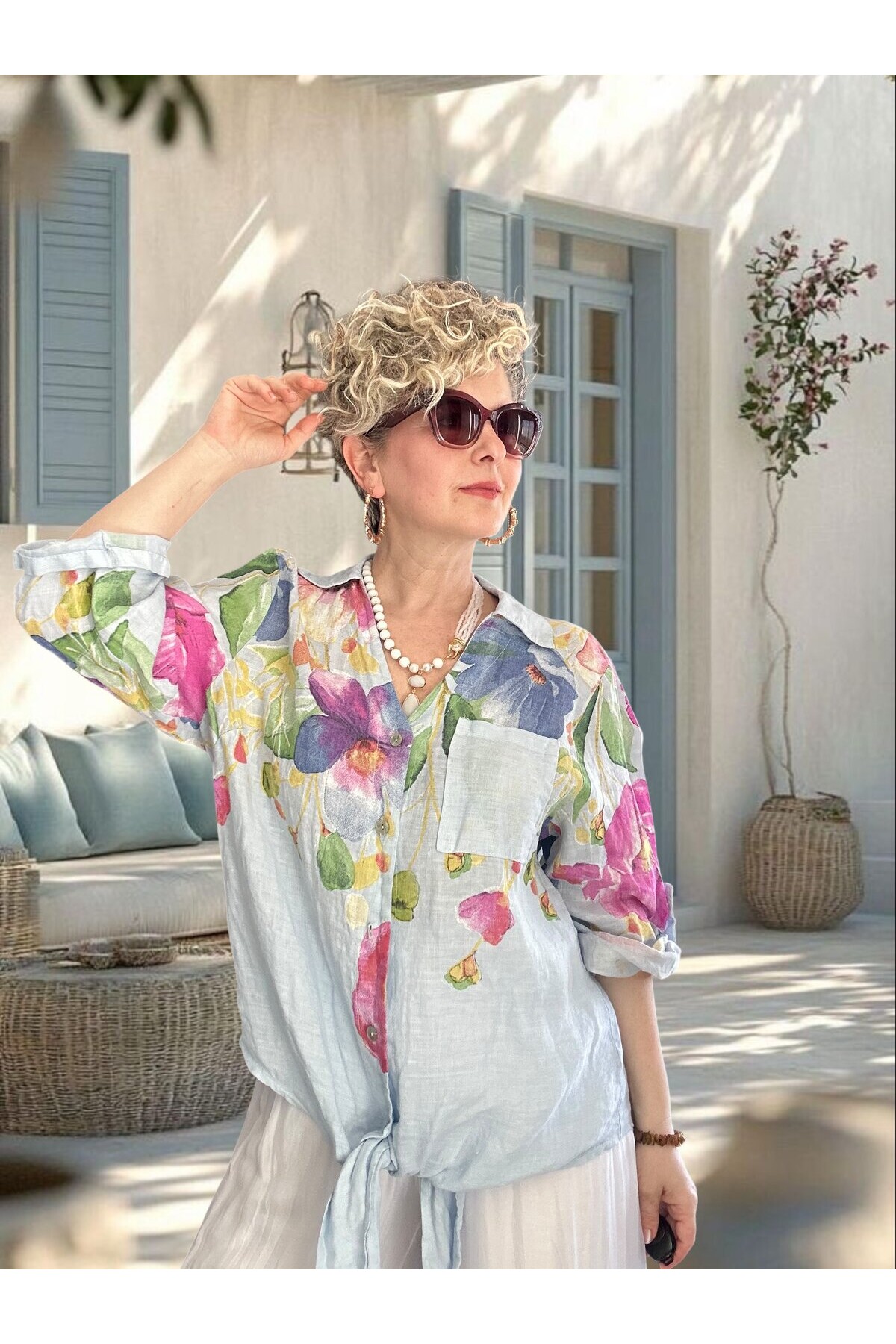 Flora İtalyan Floral Desenli Bağlamalı Linen Gömlek Bebe Mavi