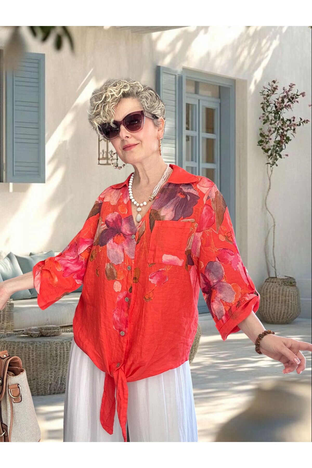 Flora İtalyan Floral Desenli Bağlamalı Linen Gömlek Mercan