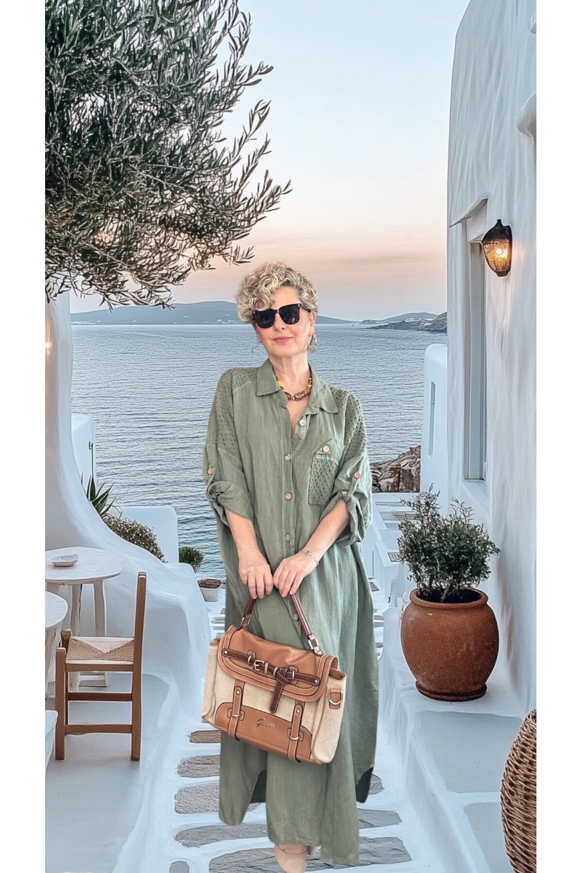 Gepetto İthal Saf Keten Fisto Detaylı Gömlek Elbise Haki Yeşil