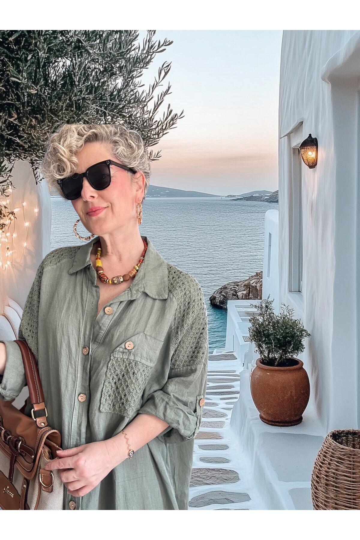 Gepetto İthal Saf Keten Fisto Detaylı Gömlek Elbise Haki Yeşil