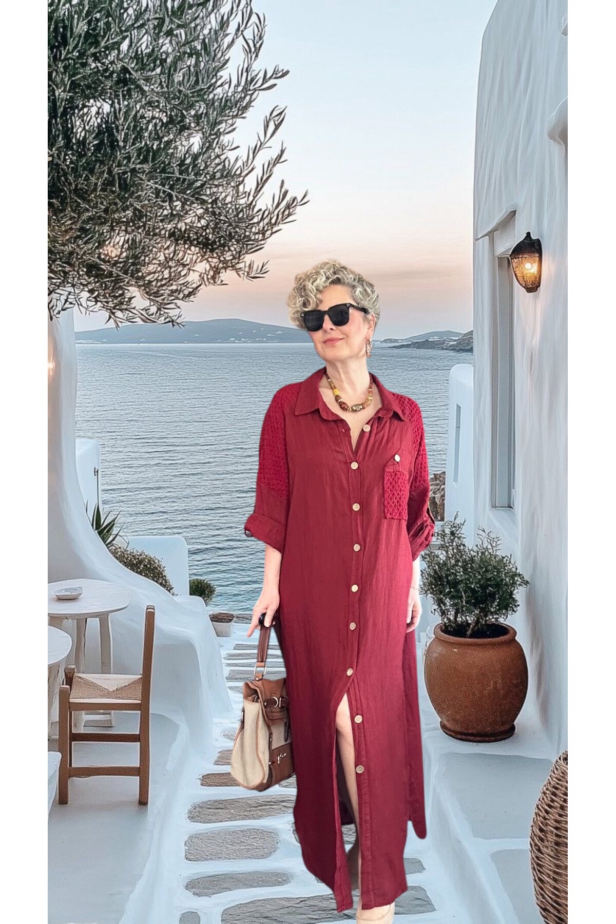 Gepetto İthal Saf Keten Fisto Detaylı Gömlek Elbise Vişne Çürüğü