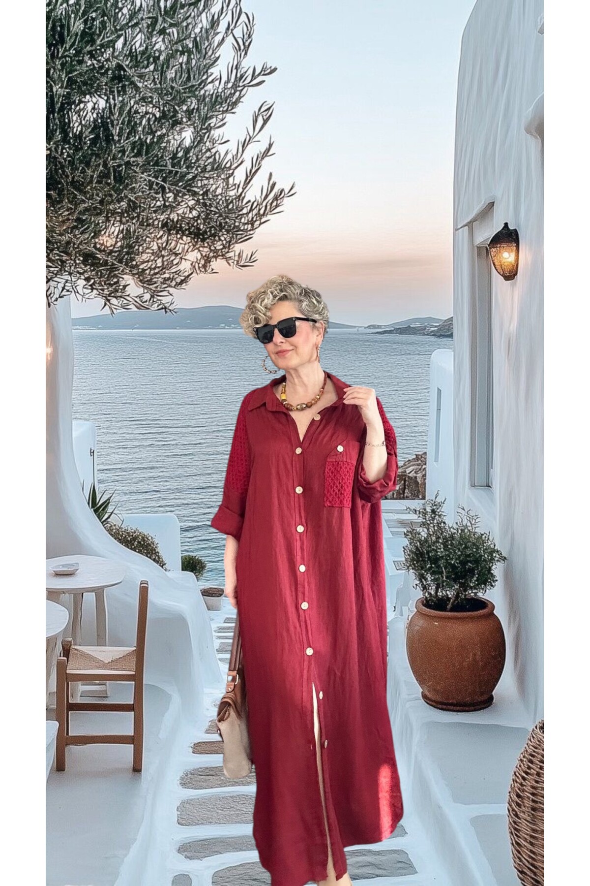 Gepetto İthal Saf Keten Fisto Detaylı Gömlek Elbise Vişne Çürüğü