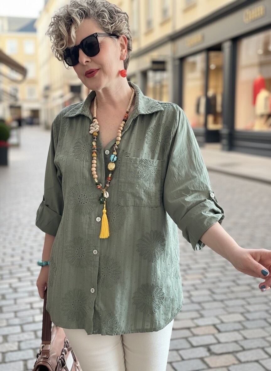 Gesso İtalyan Çiçek Fisto Detay Gömlek Haki