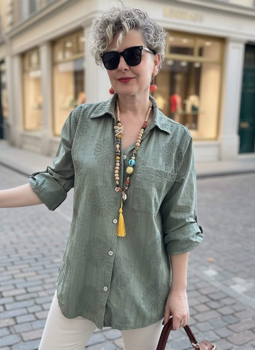 Gesso İtalyan Çiçek Fisto Detay Gömlek Haki