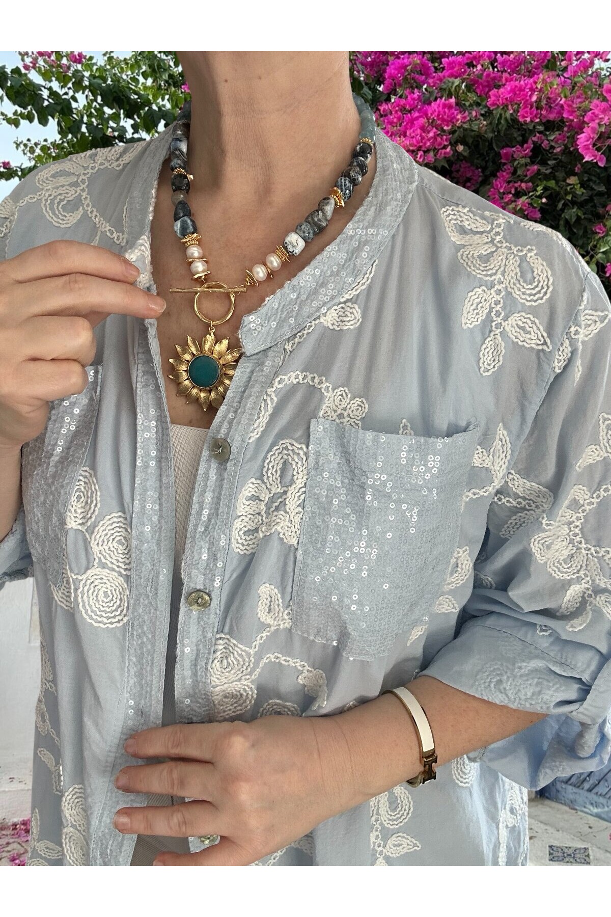 Getto İtalyan Çiçek Brode Detaylı Pamuk Gömlek Bebe Mavi