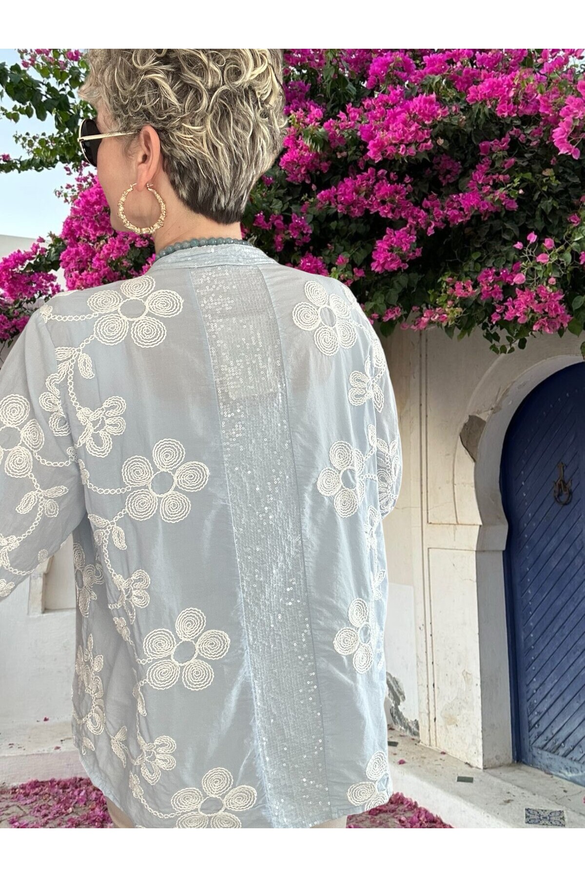 Getto İtalyan Çiçek Brode Detaylı Pamuk Gömlek Bebe Mavi