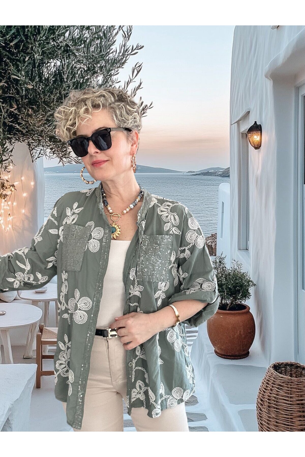 Getto İtalyan Çiçek Brode Detaylı Pamuk Gömlek Haki