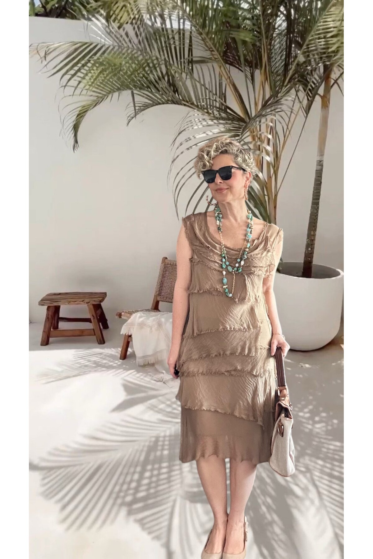 Ginza İthal Katmanlı İpek Tasarım Elbise Camel