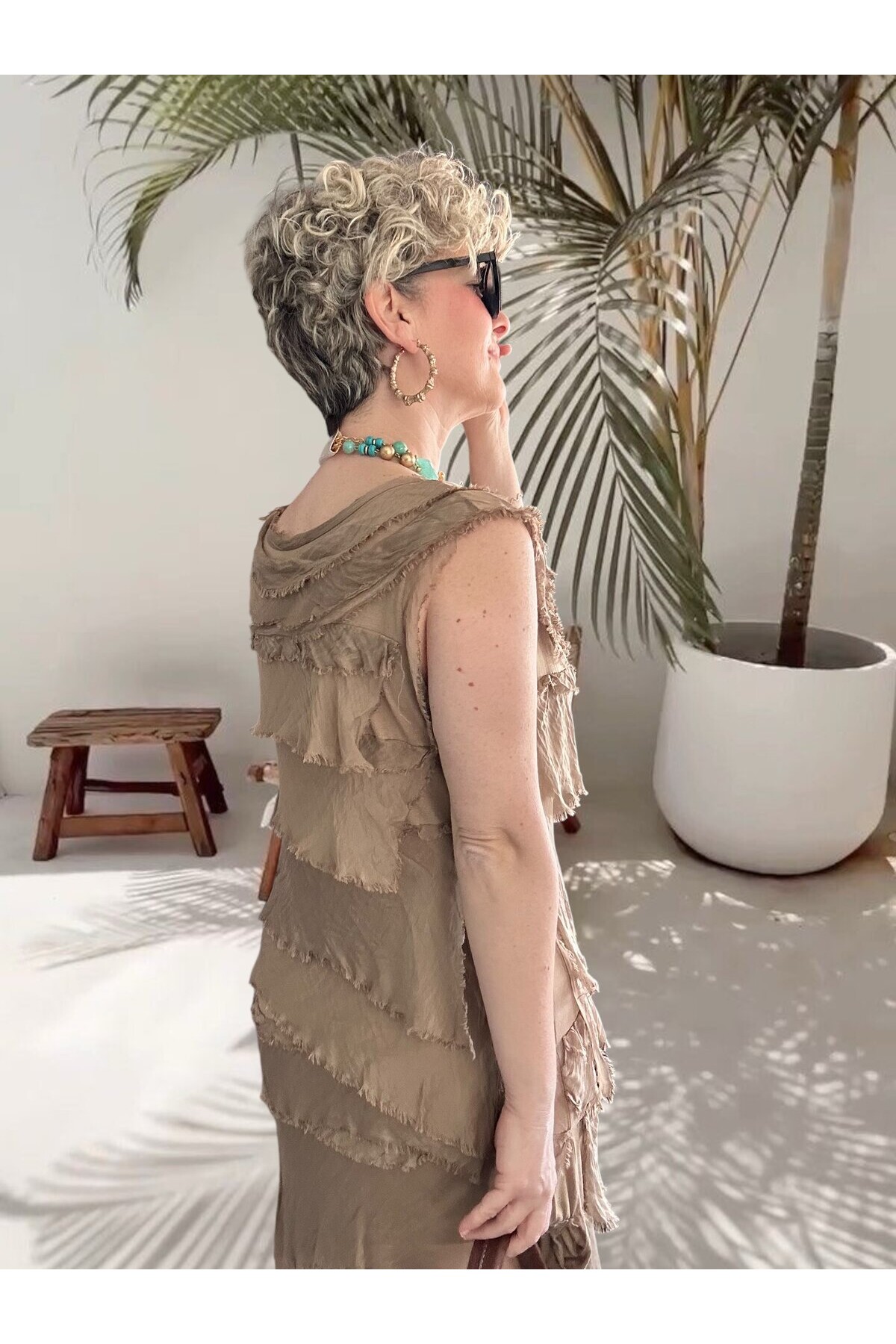 Ginza İthal Katmanlı İpek Tasarım Elbise Camel