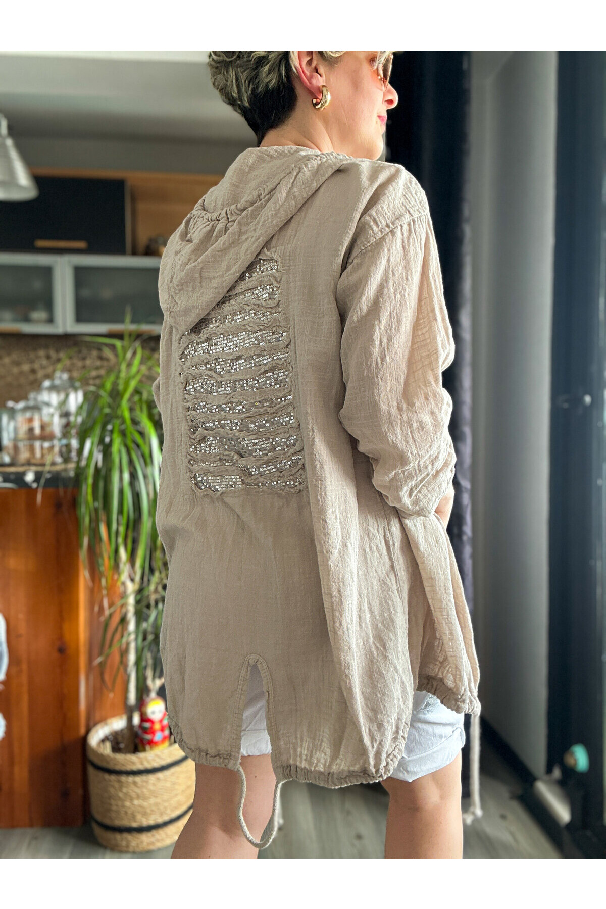 Grande İthal Kapşonlu Arka Pul Detay Ceket Beige