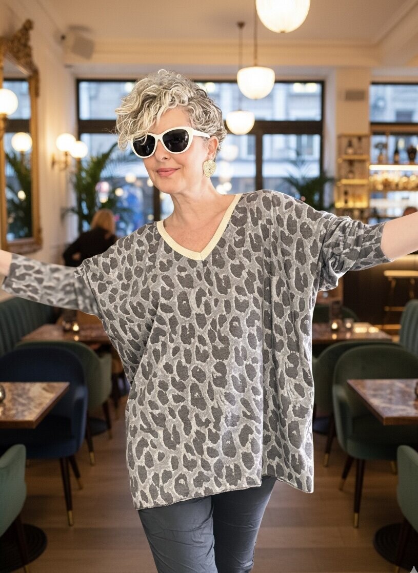 Hanna İtalyan Leopar Desen Simli Bluz Gri