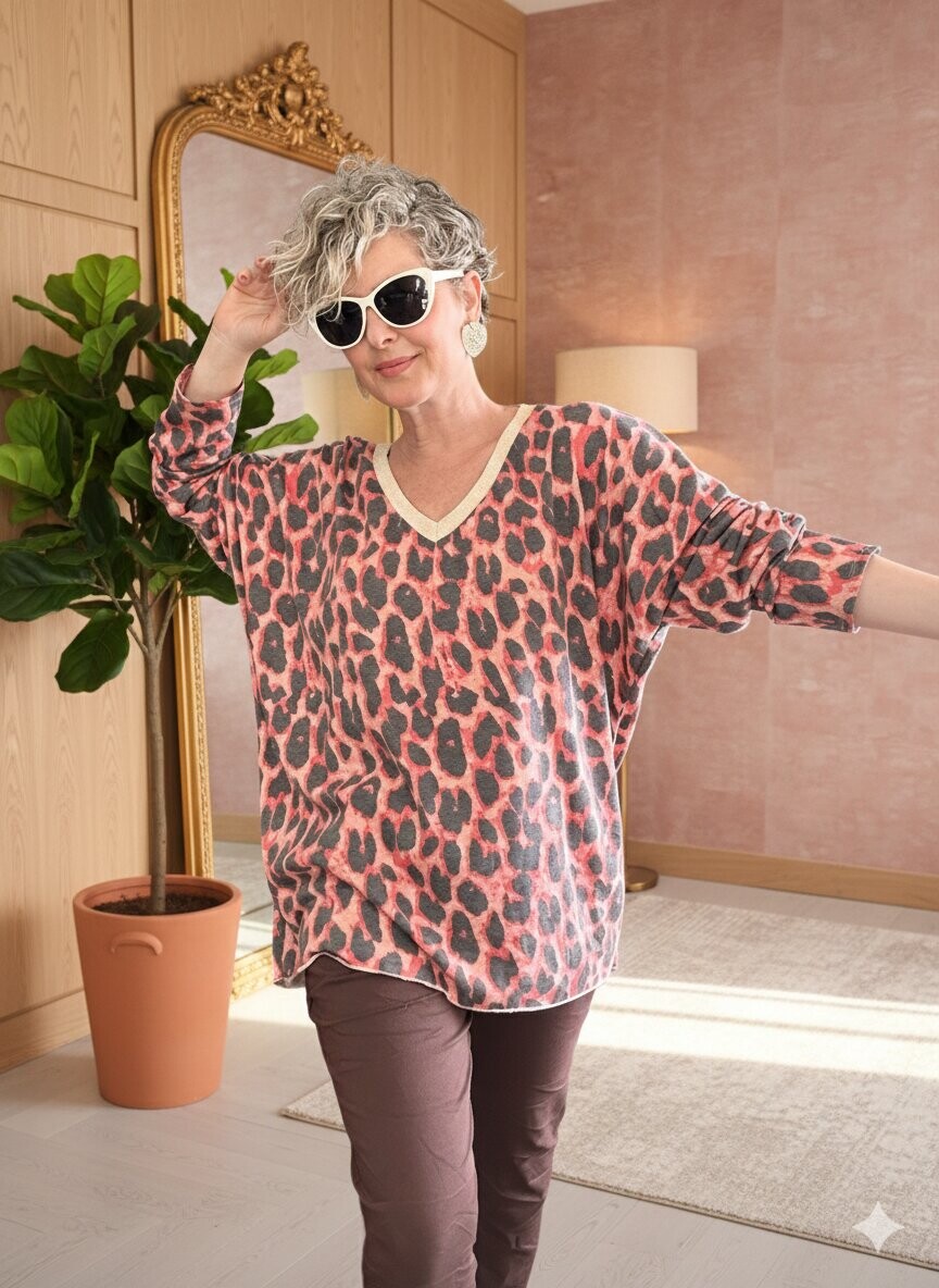 Hanna İtalyan Leopar Desen Simli Bluz Nar Çiçeği