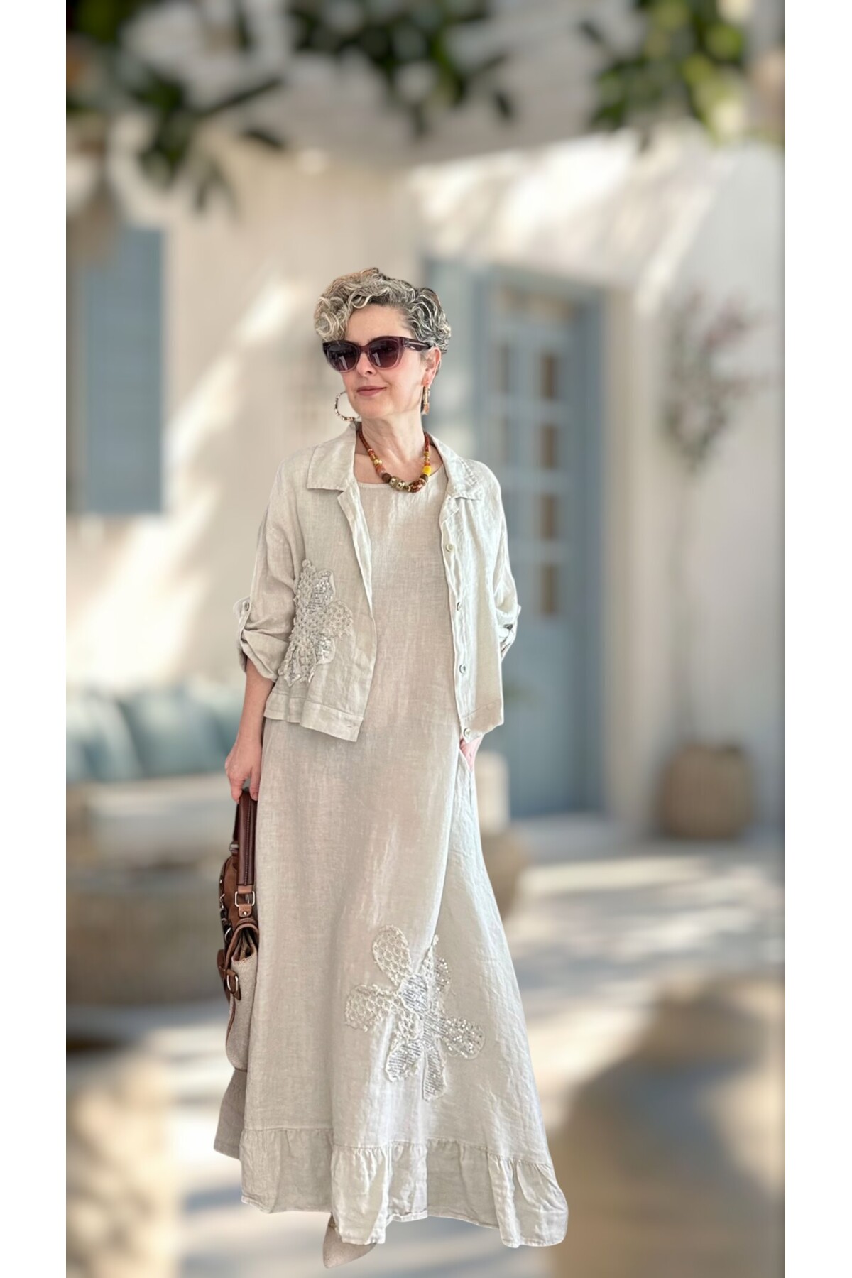 Kubba İthal %100 Linen Ceket & Kolsuz Elbise Takımı Papatya Beige