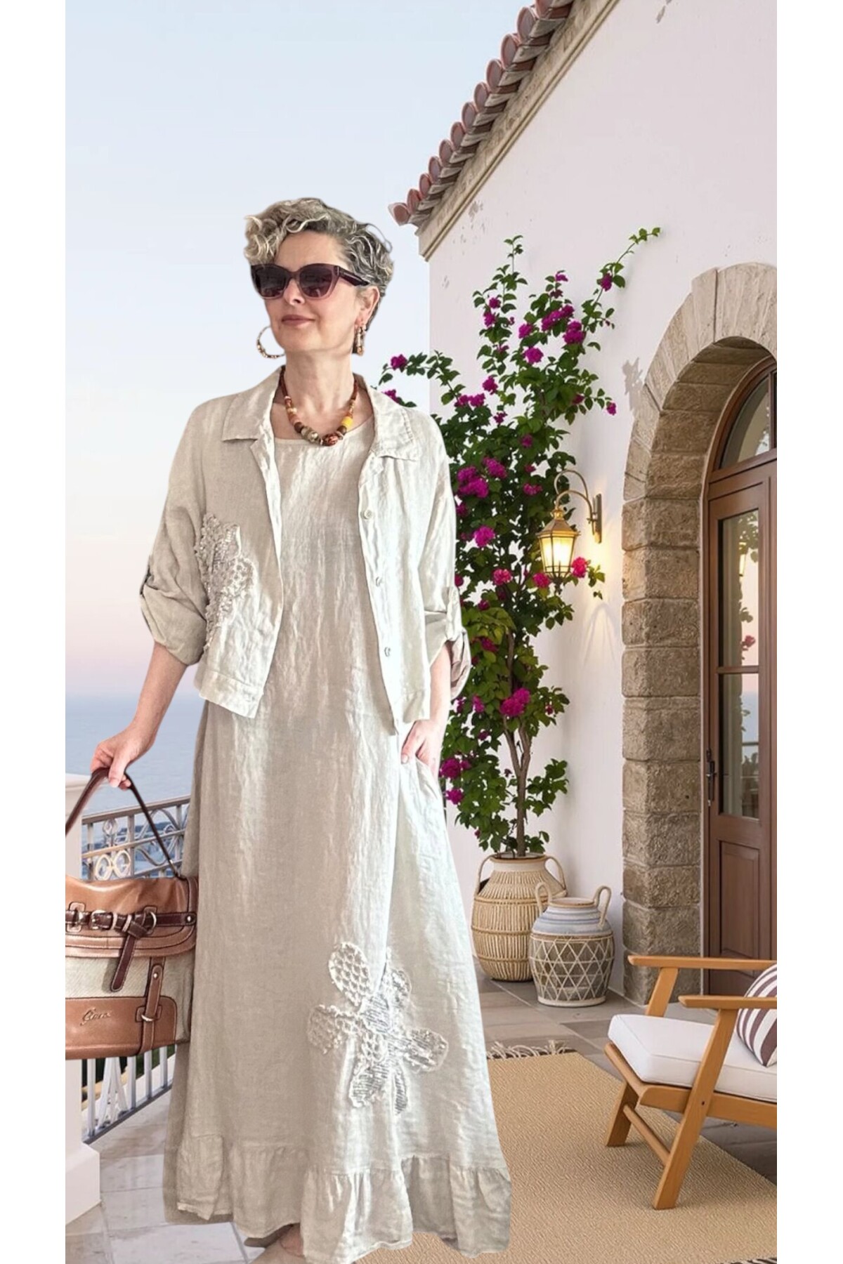 Kubba İthal %100 Linen Ceket & Kolsuz Elbise Takımı Papatya Beige