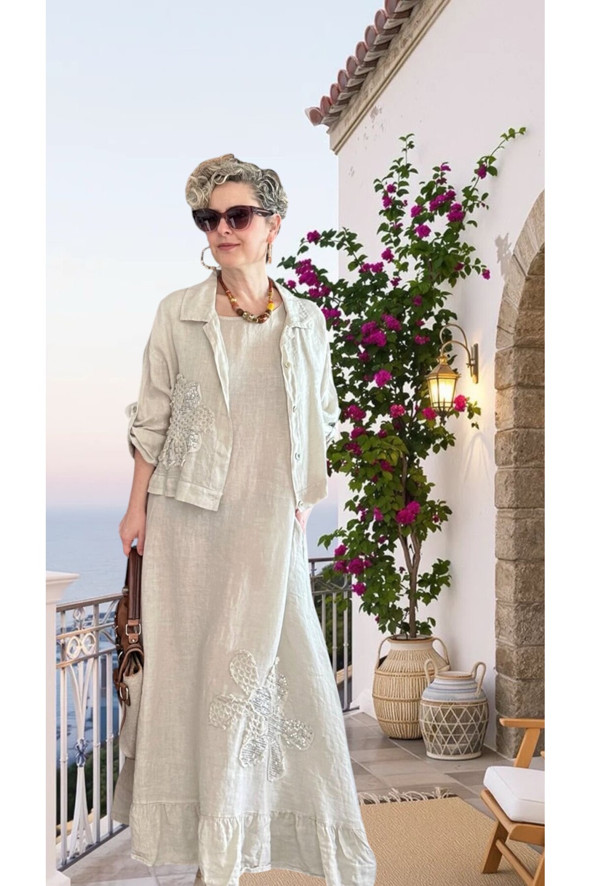 Kubba İthal %100 Linen Ceket & Kolsuz Elbise Takımı Papatya Beige