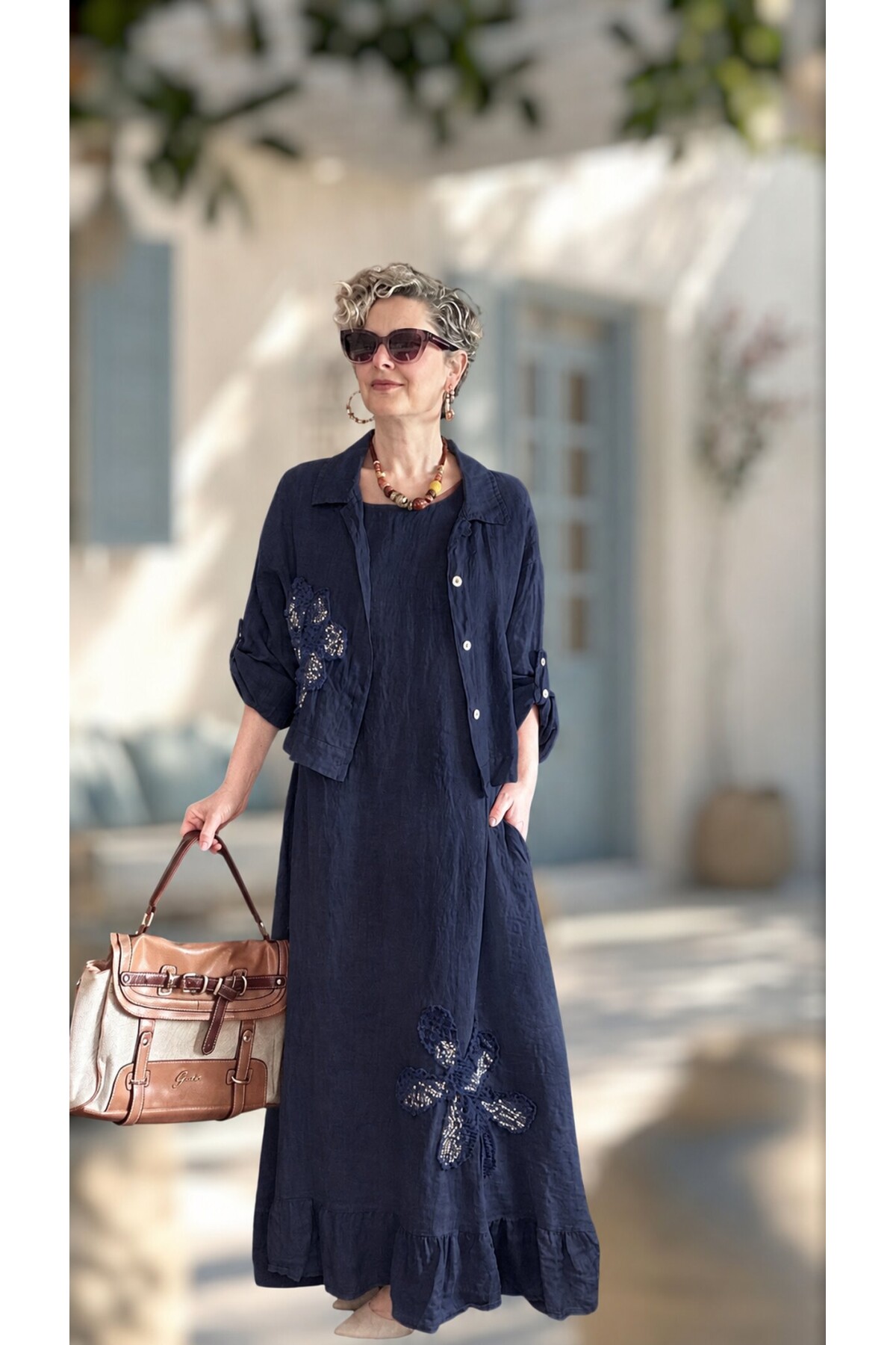 Kubba İthal %100 Linen Ceket & Kolsuz Elbise Takımı Papatya Lacivert