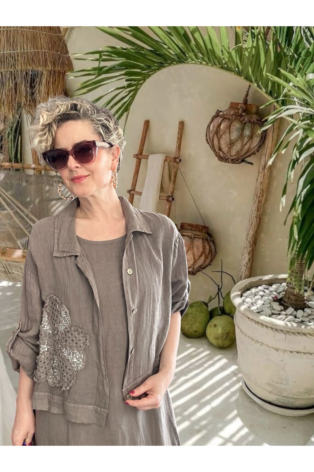 Kubba İthal %100 Linen Ceket & Kolsuz Elbise Takımı Papatya Fango