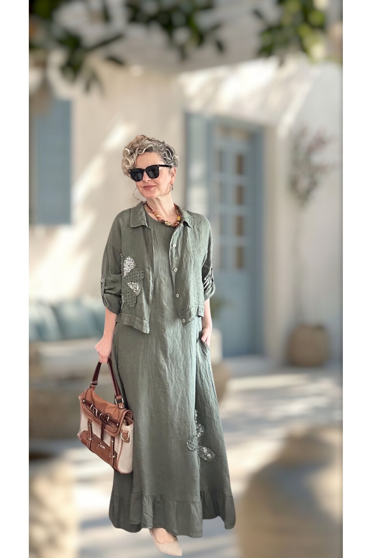 Kubba İthal %100 Linen Ceket & Kolsuz Elbise Takımı Papatya Haki