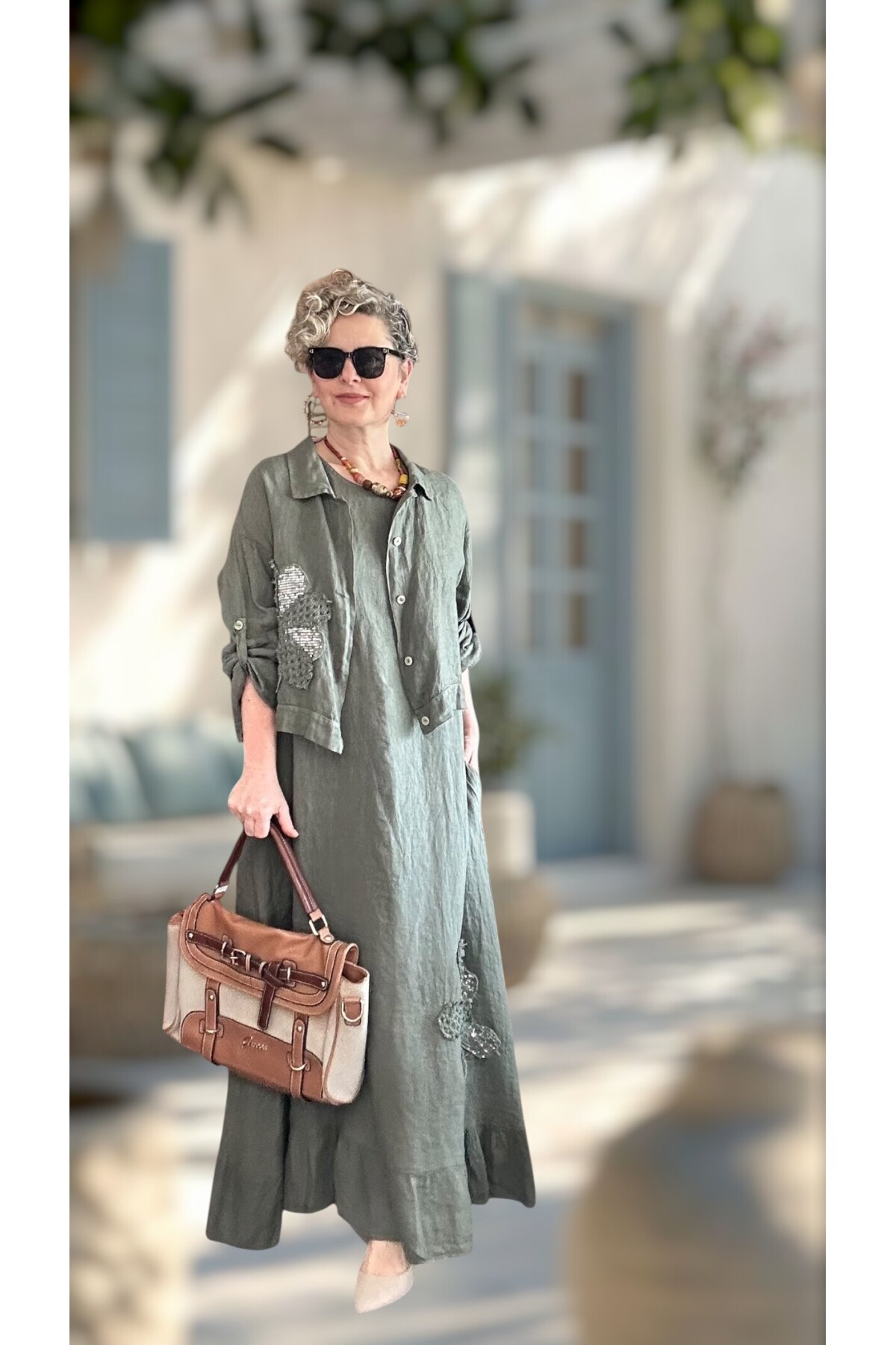 Kubba İthal %100 Linen Ceket & Kolsuz Elbise Takımı Papatya Haki