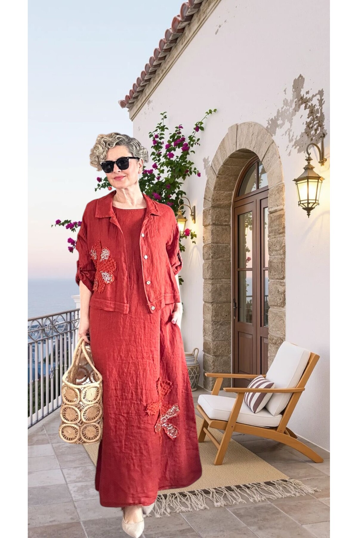 Kubba İthal %100 Linen Ceket & Kolsuz Elbise Takımı Papatya Kiremit