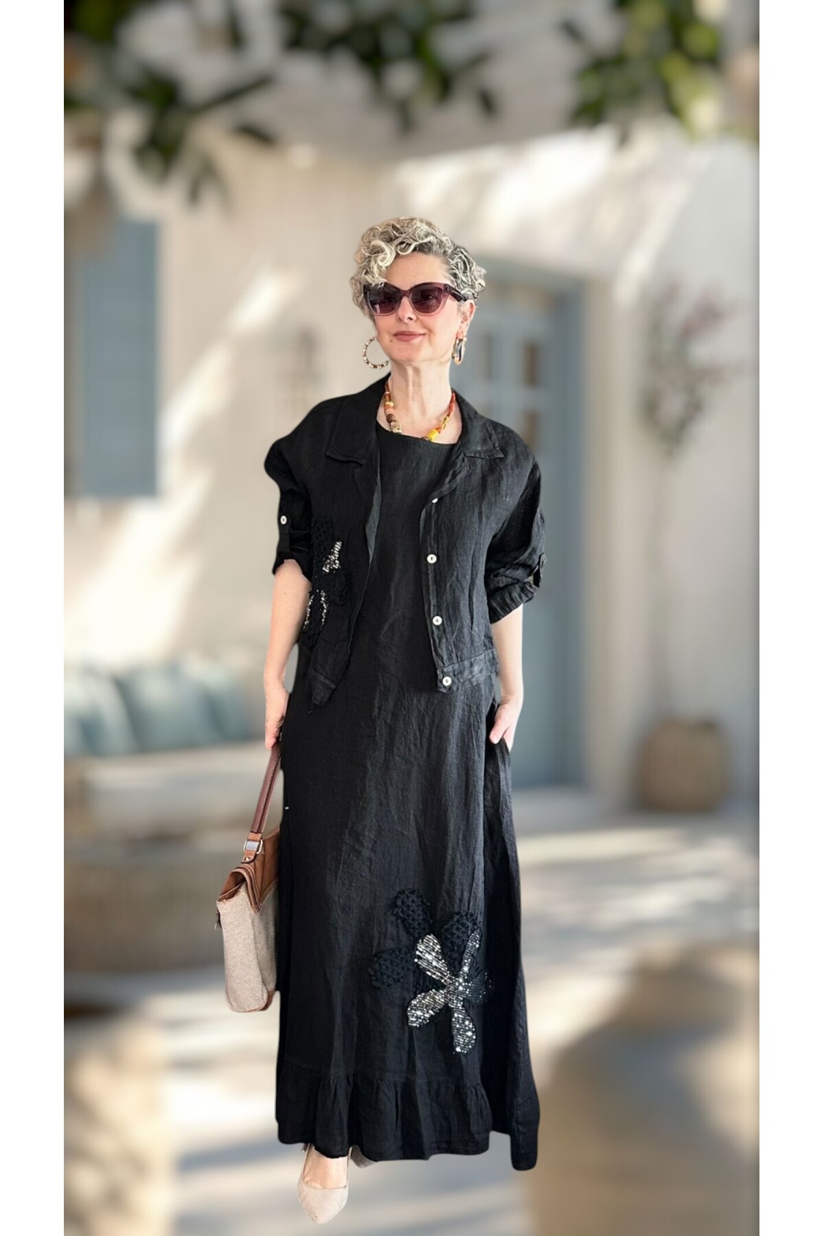 Kubba İthal %100 Linen Ceket & Kolsuz Elbise Takımı Papatya Siyah