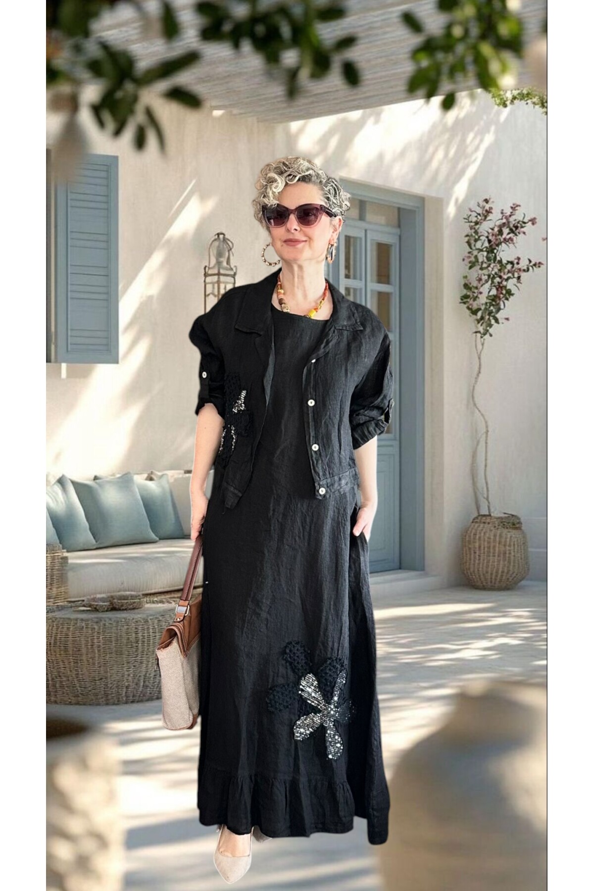 Kubba İthal %100 Linen Ceket & Kolsuz Elbise Takımı Papatya Siyah