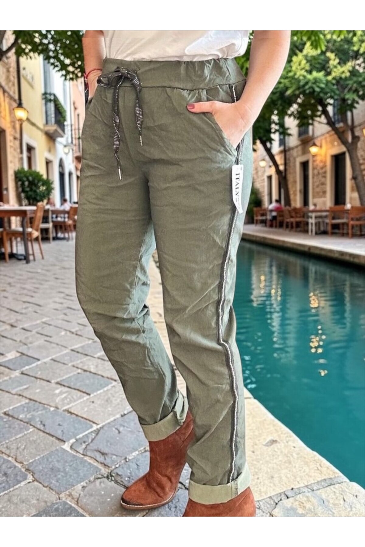 Lecce İtalyan Sihirli İnce Taş Şerit Detay Pantalon Haki