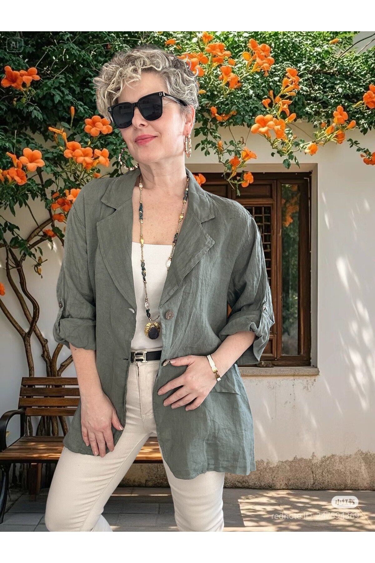 Lesso İtalyan Blazer Keten Ceket Haki Yeşil