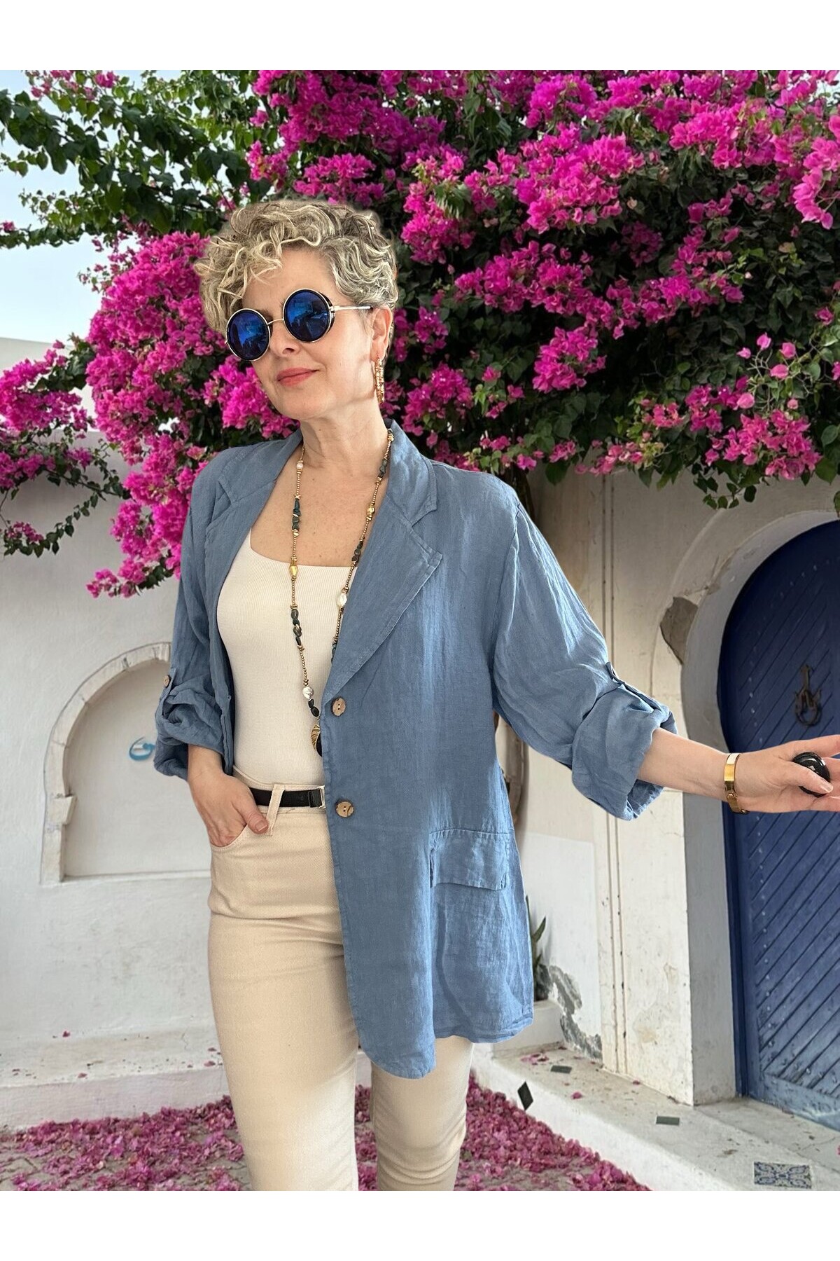 Lesso İtalyan Blazer Keten Ceket Jeans Mavi