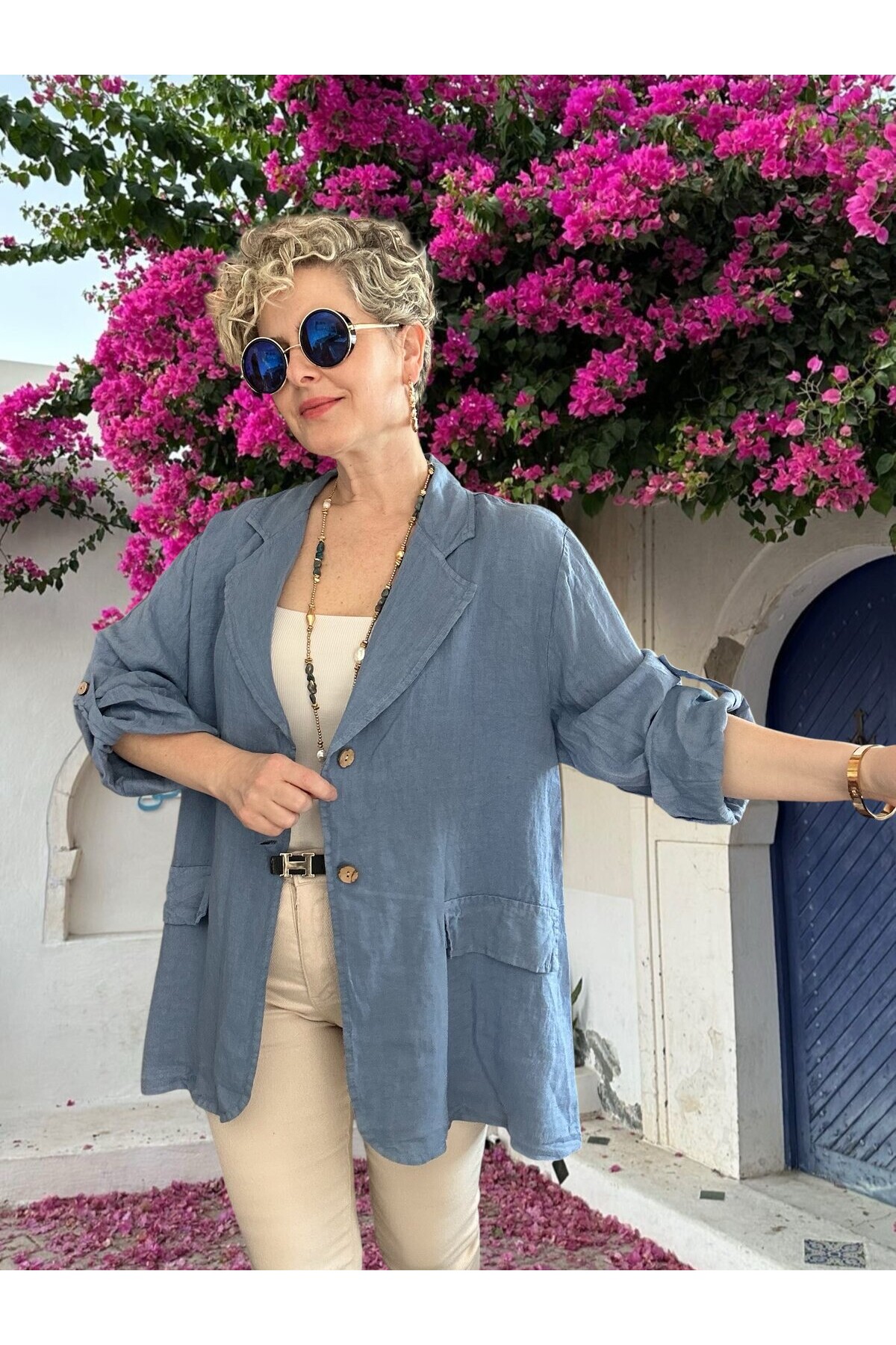 Lesso İtalyan Blazer Keten Ceket Jeans Mavi