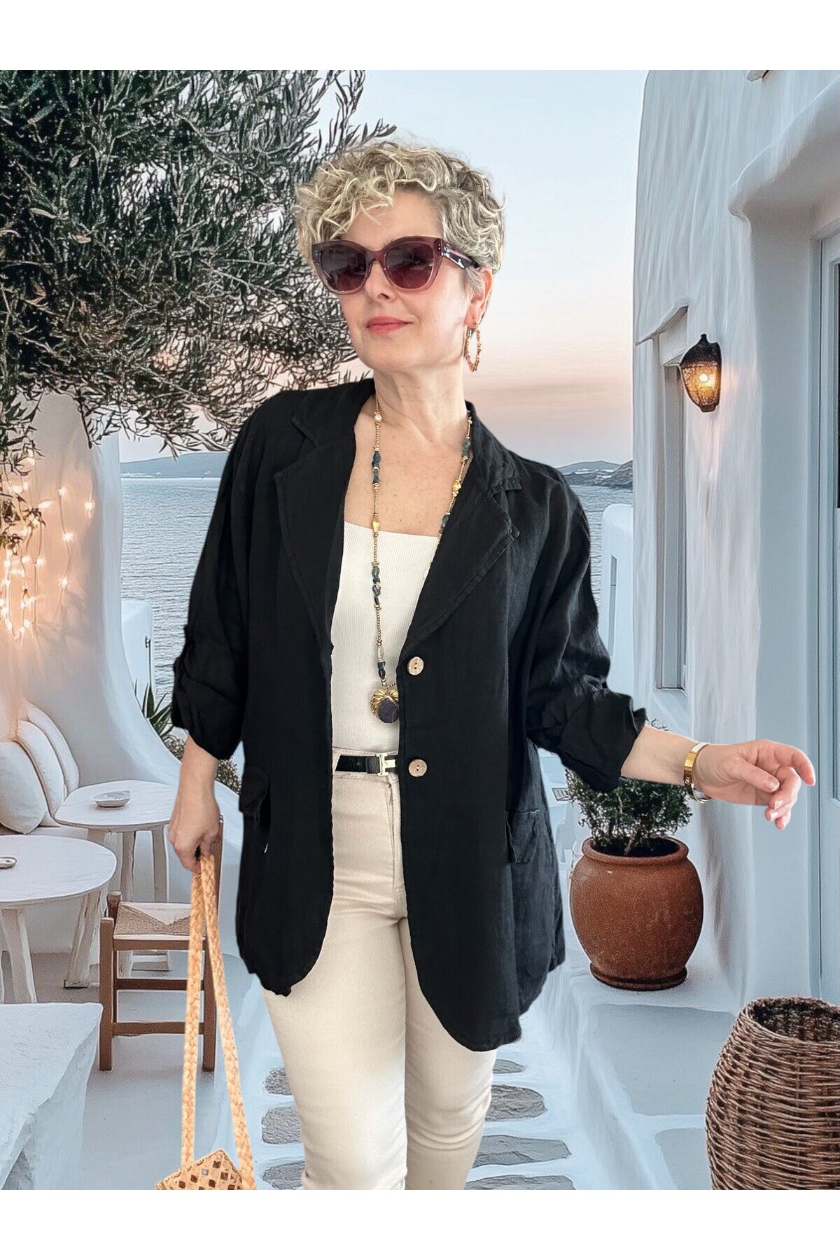 Lesso İtalyan Blazer Keten Ceket Siyah