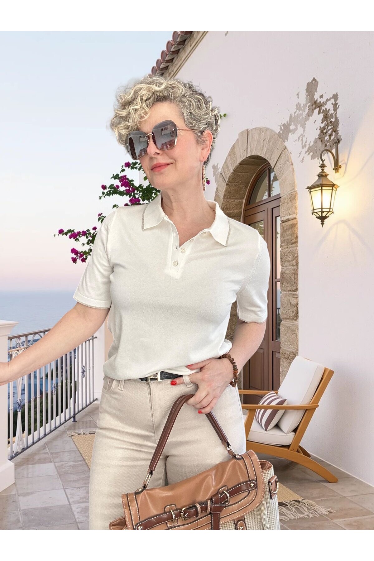 Lino Sim Şeritli Artizan Polo Yaka Triko Bluz Ekru