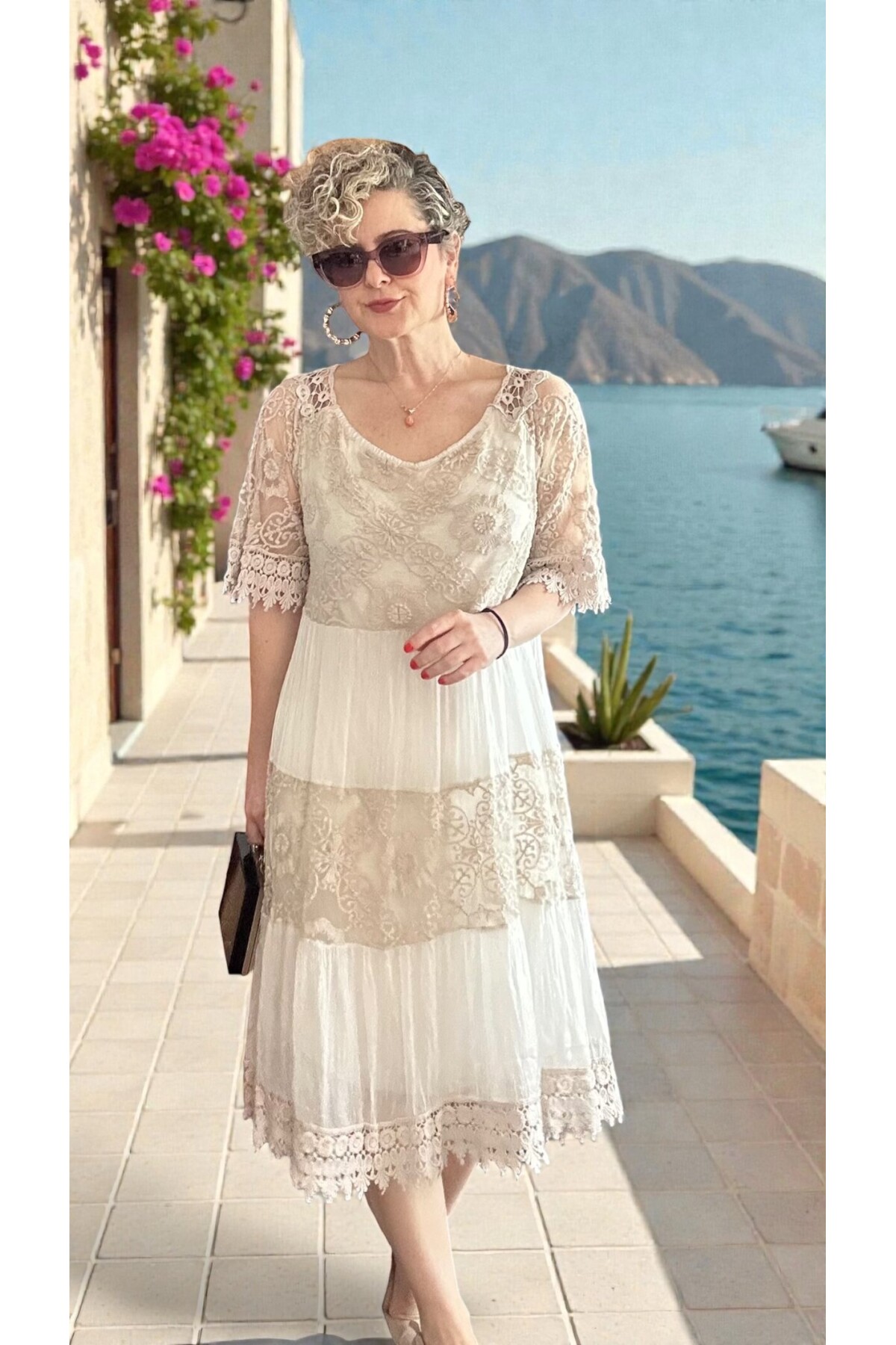 Lorea | Dantel Detaylı Katmanlı Vintage Elbise Bej