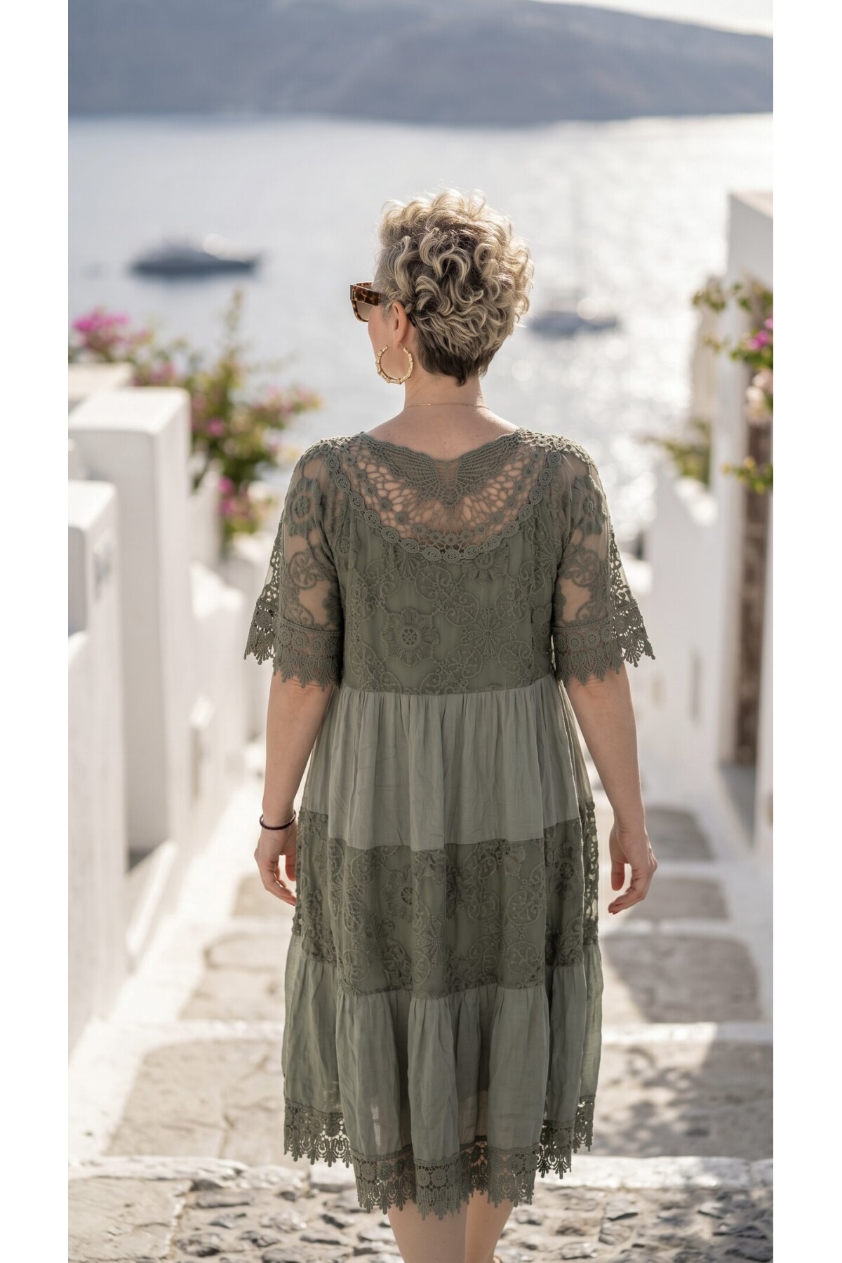 Lorea | Dantel Detaylı Katmanlı Vintage Elbise Haki