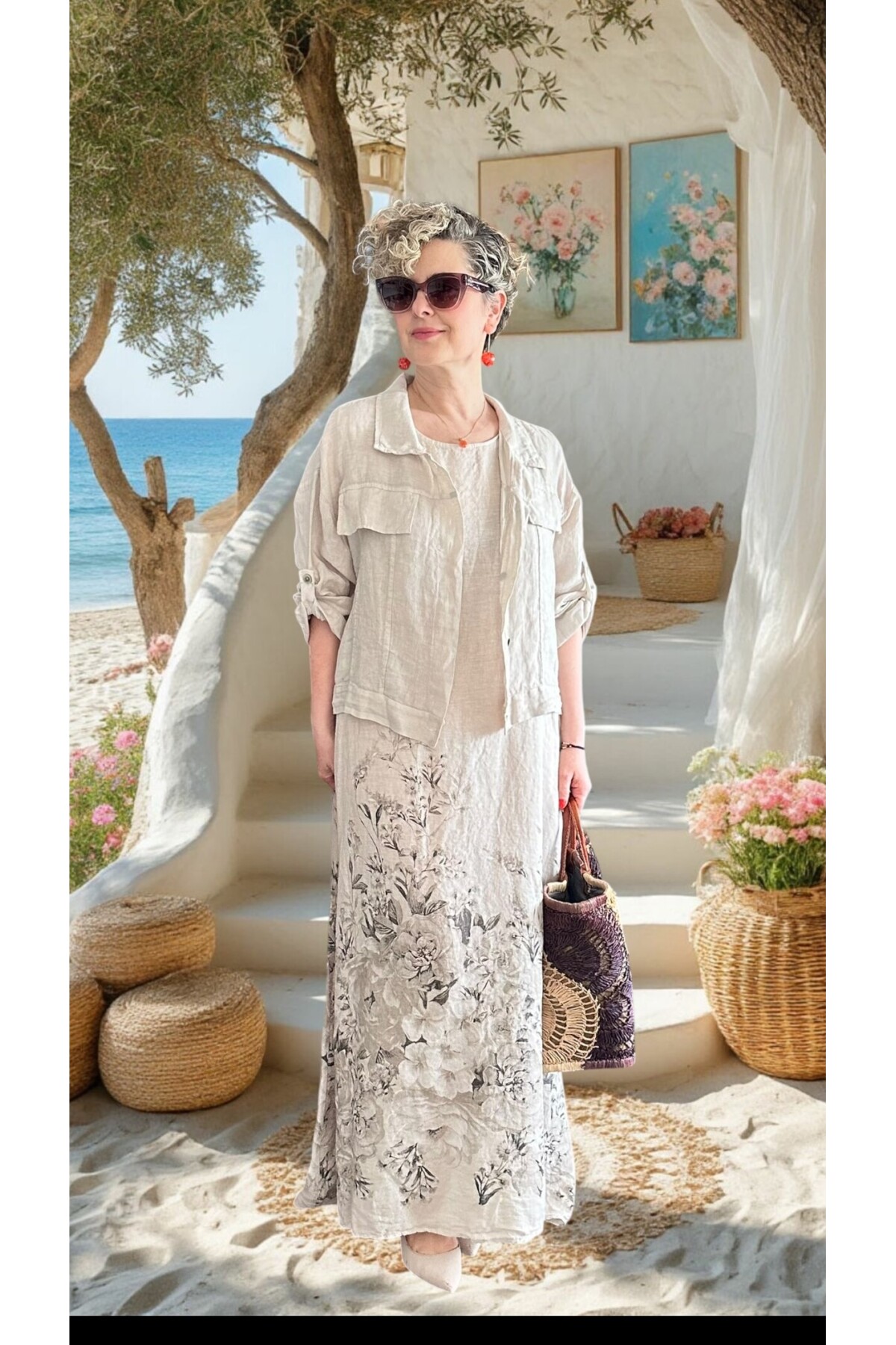 Lunera | İthal %100 Linen Ceket & Desenli Maksi Elbise Takımı Bej