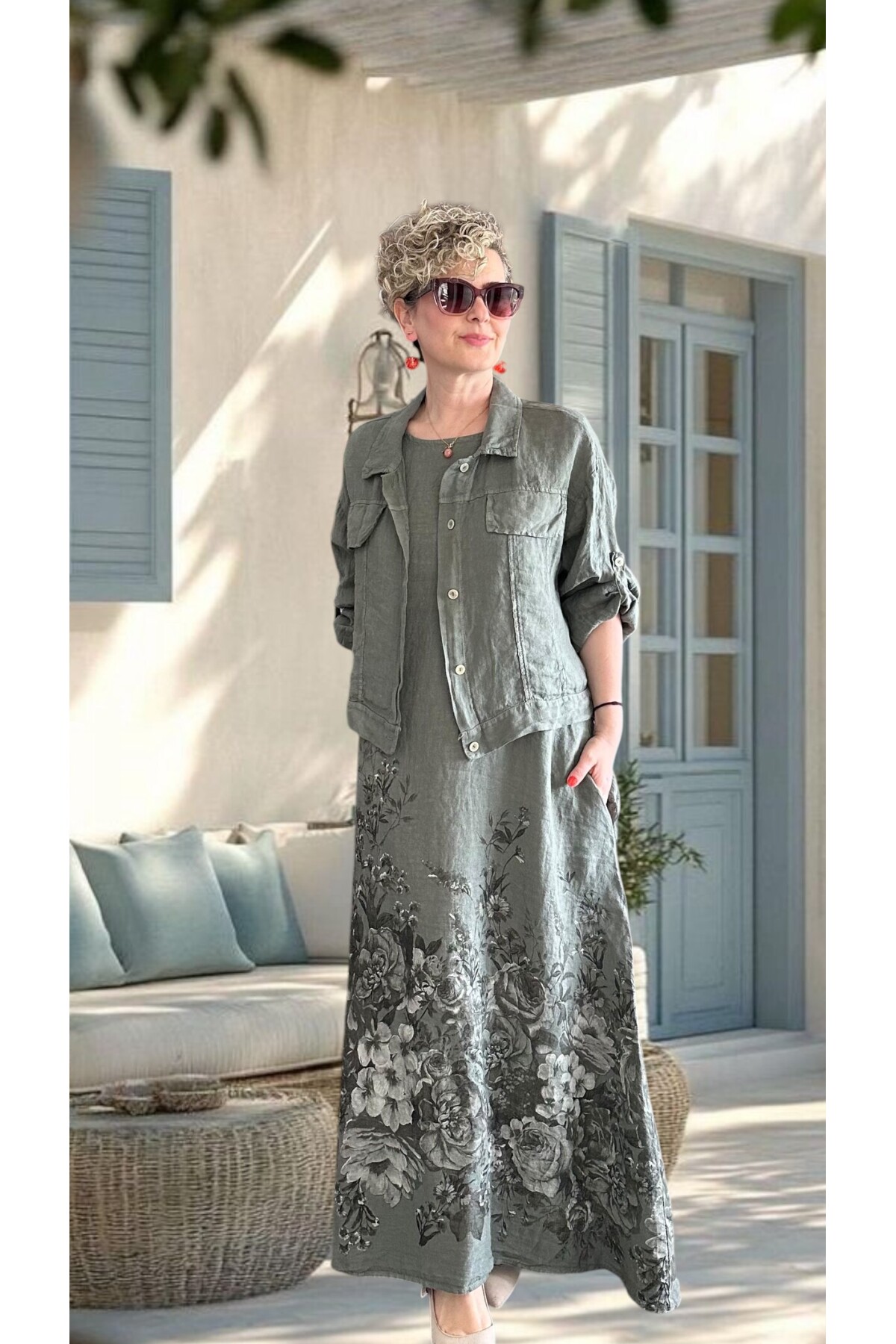 Lunera | İthal %100 Linen Ceket & Desenli Maksi Elbise Takımı Haki