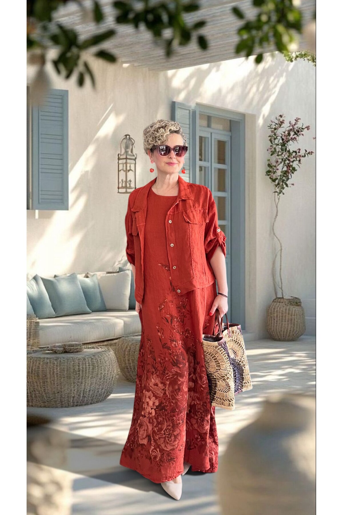 Lunera | İthal %100 Linen Ceket & Desenli Maksi Elbise Takımı Tarçın