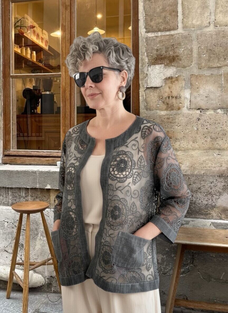 Lunna İtalyan Dantel Nakışlı Ceket Antrasit