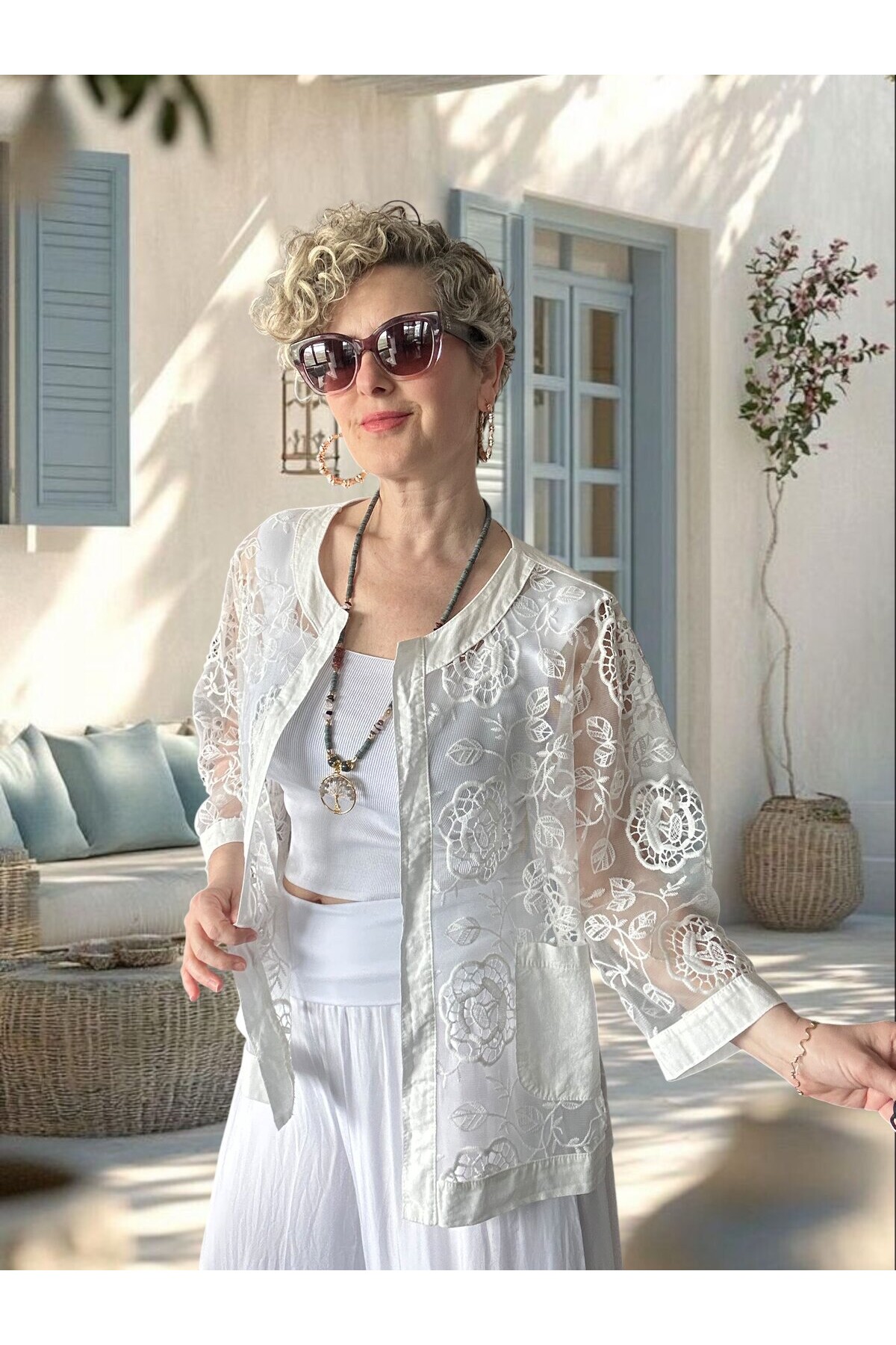 Lunna İtalyan Dantel Nakışlı Ceket Beyaz