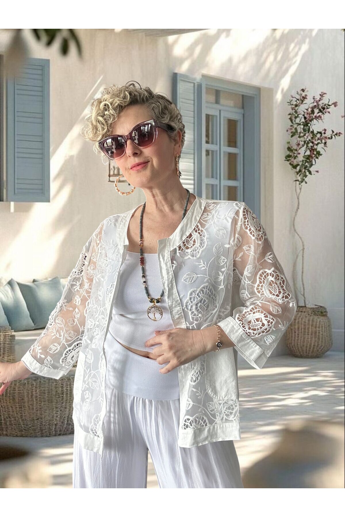 Lunna İtalyan Dantel Nakışlı Ceket Beyaz