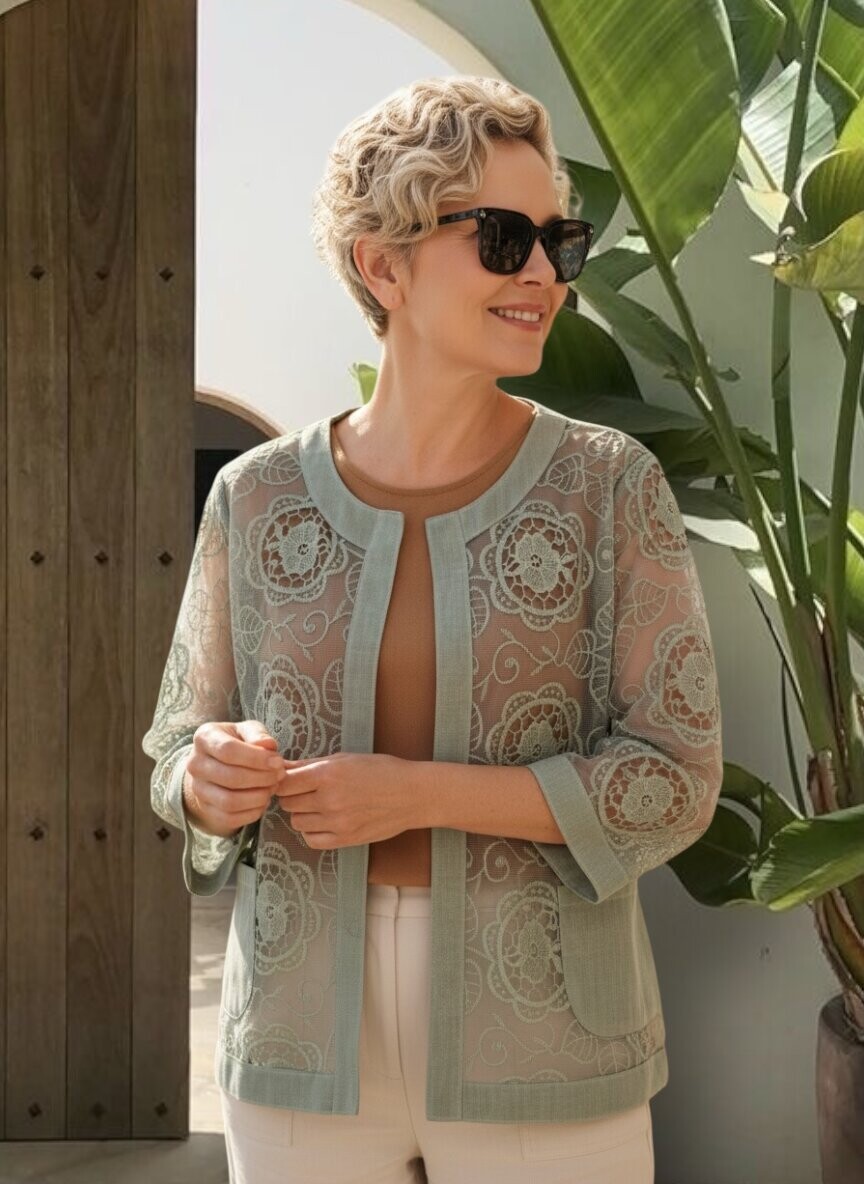 Lunna İtalyan Dantel Nakışlı Ceket Haki Yeşil