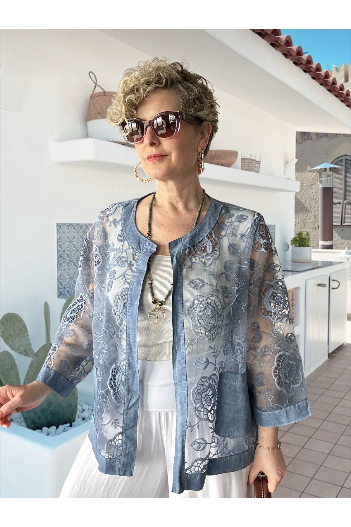 Lunna İtalyan Dantel Nakışlı Ceket İndigo