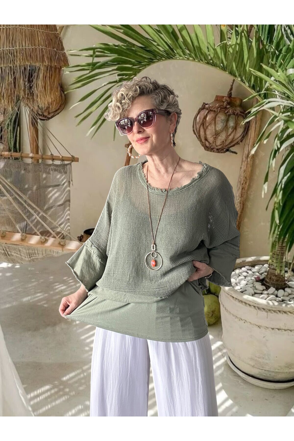 Maggli İthal Geniş Kol File Bluz & Atlet Seti (Kolyeli) Haki