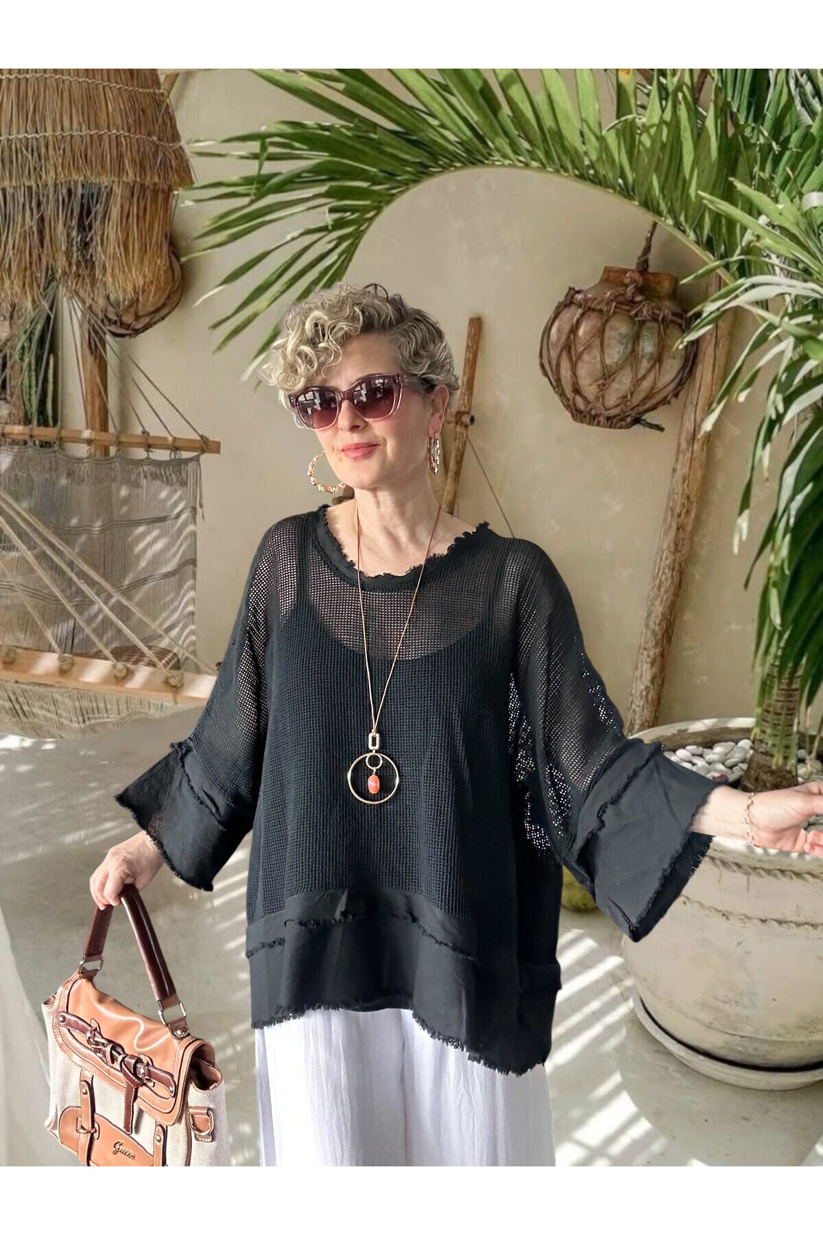 Maggli İthal Geniş Kol File Bluz & Atlet Seti (Kolyeli) Siyah