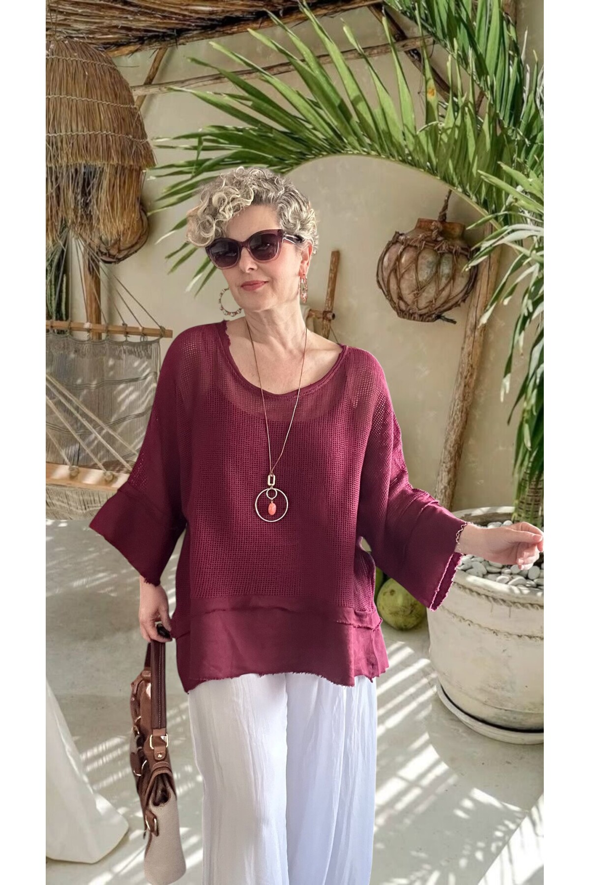 Maggli İthal Geniş Kol File Bluz & Atlet Seti (Kolyeli) Vişne Çürüğü