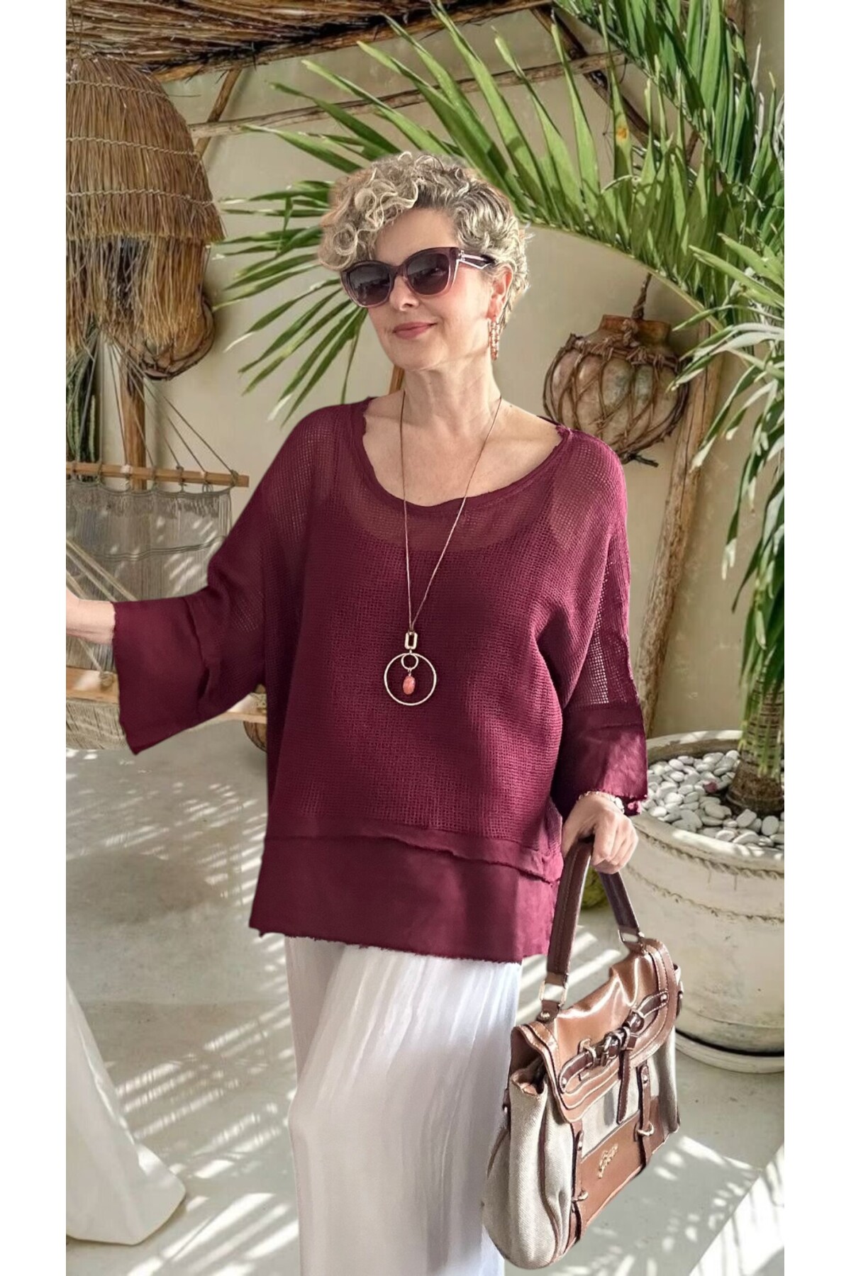 Maggli İthal Geniş Kol File Bluz & Atlet Seti (Kolyeli) Vişne Çürüğü