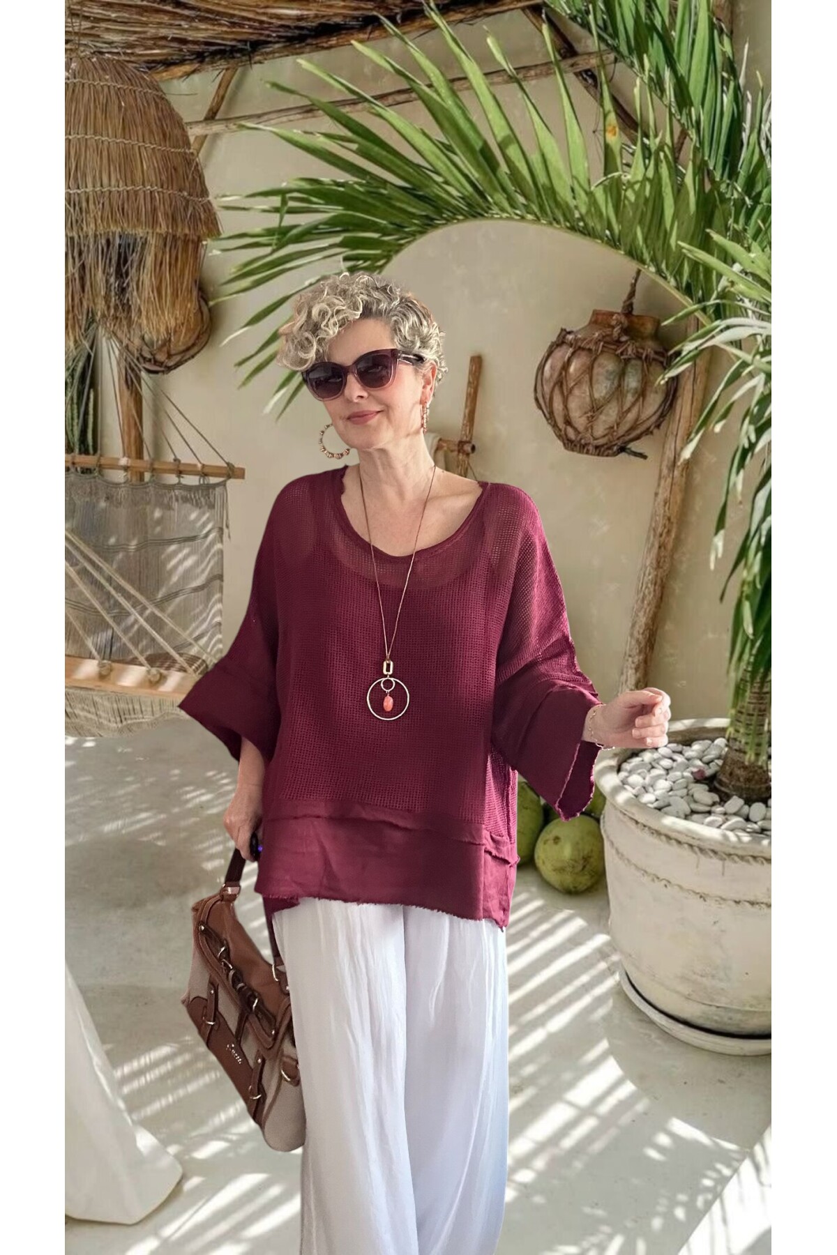 Maggli İthal Geniş Kol File Bluz & Atlet Seti (Kolyeli) Vişne Çürüğü