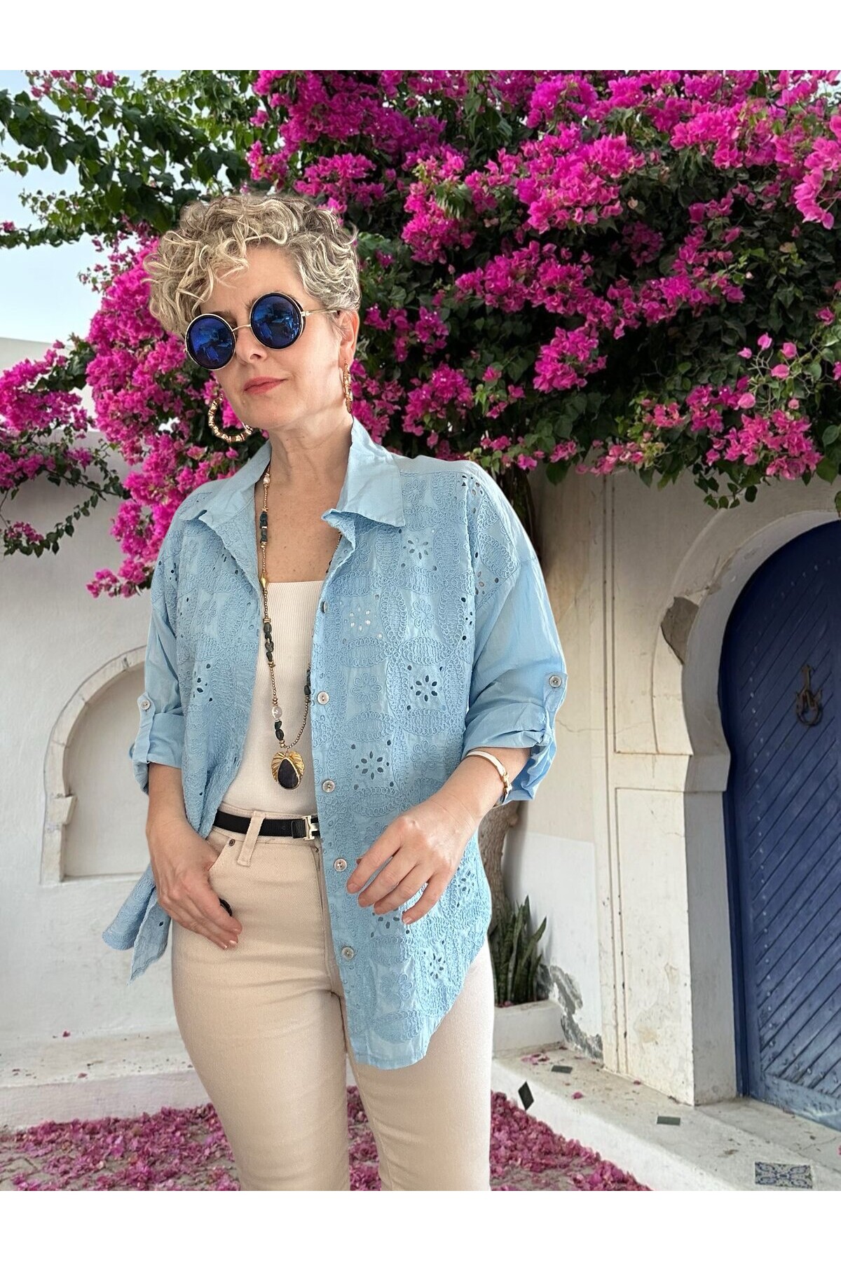 Mayya İtalyan Çiçek Fisto Detaylı Gömlek Bebe Mavi