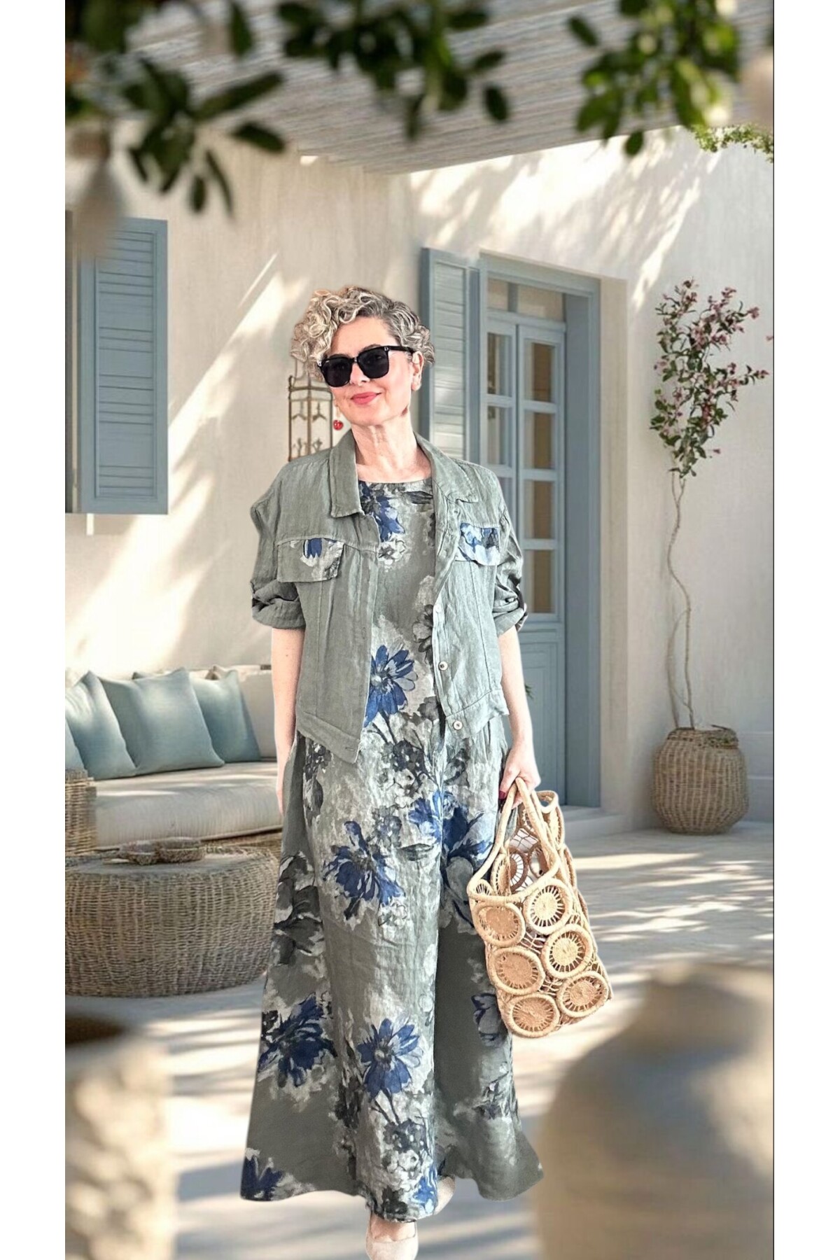 Mikka İthal %100 Linen Ceket & Kolsuz Elbise Takımı Haki